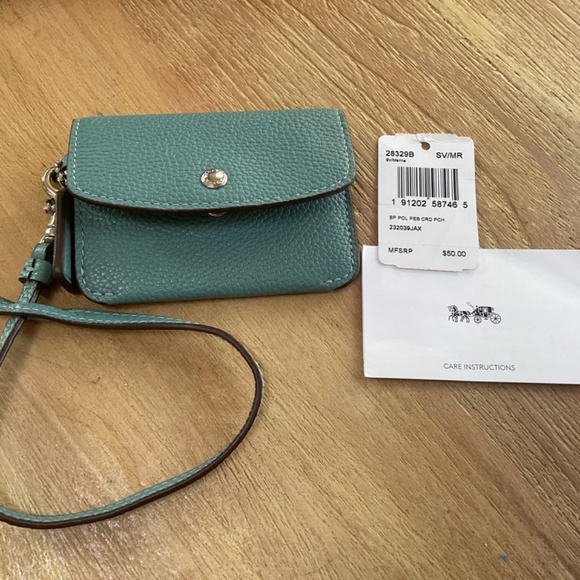 Coach NWT Boxed Teal Blue Pebble Leather Card Pouch W/Strap - Picture 8 of 10